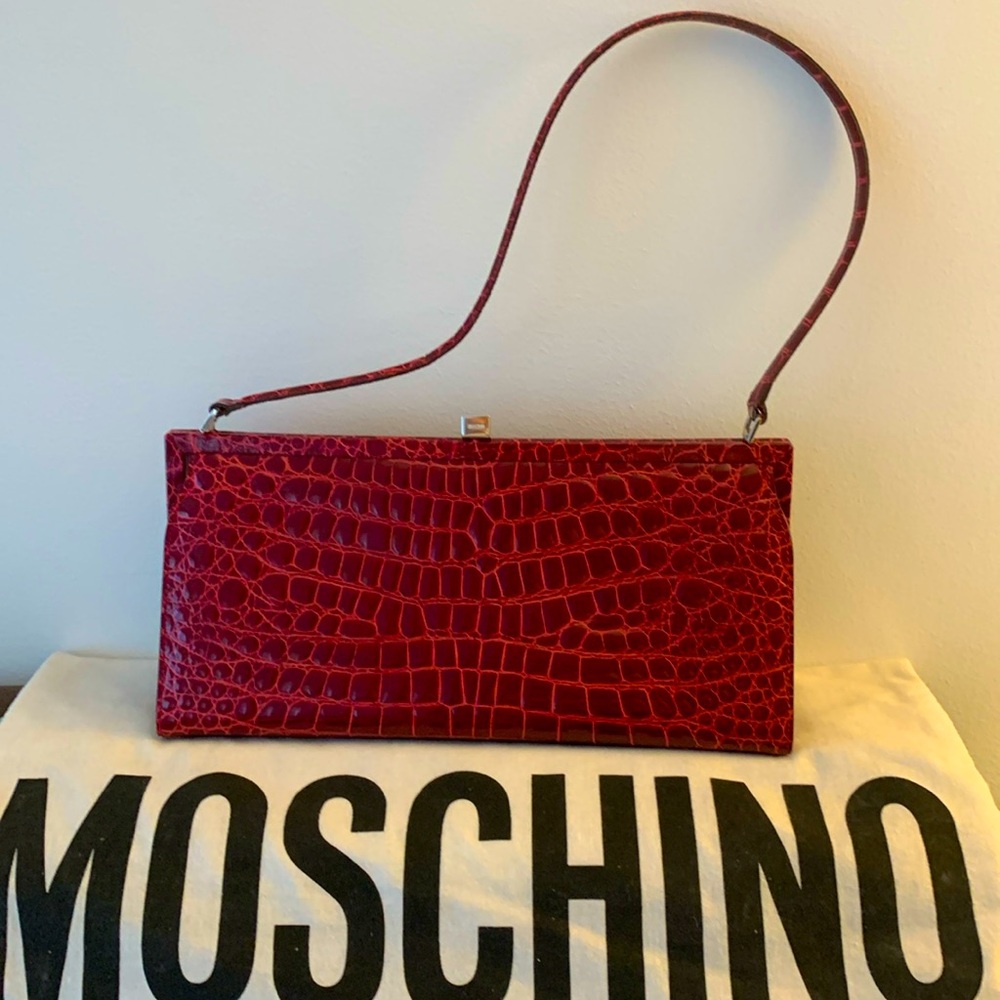 Moschino Red burgundy, leather crocodile like patent leather handbag